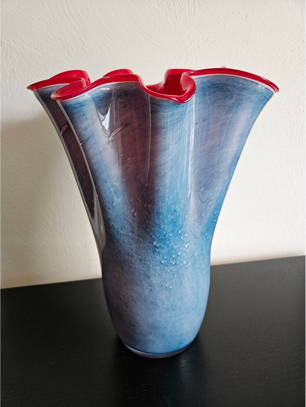 Jozefina Krosno Blue, Aqua & Red Vase 13.5"x 10" Art Glass Handmade in Poland
